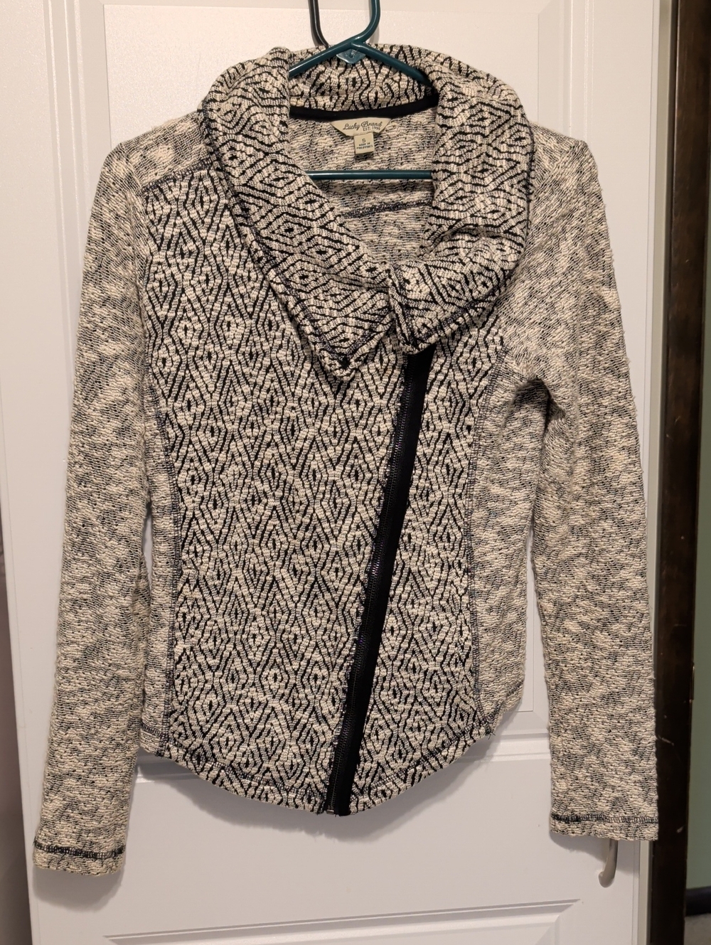 Lucky Brand Black and Cream Patterned Cowl Neck Zip Sweater